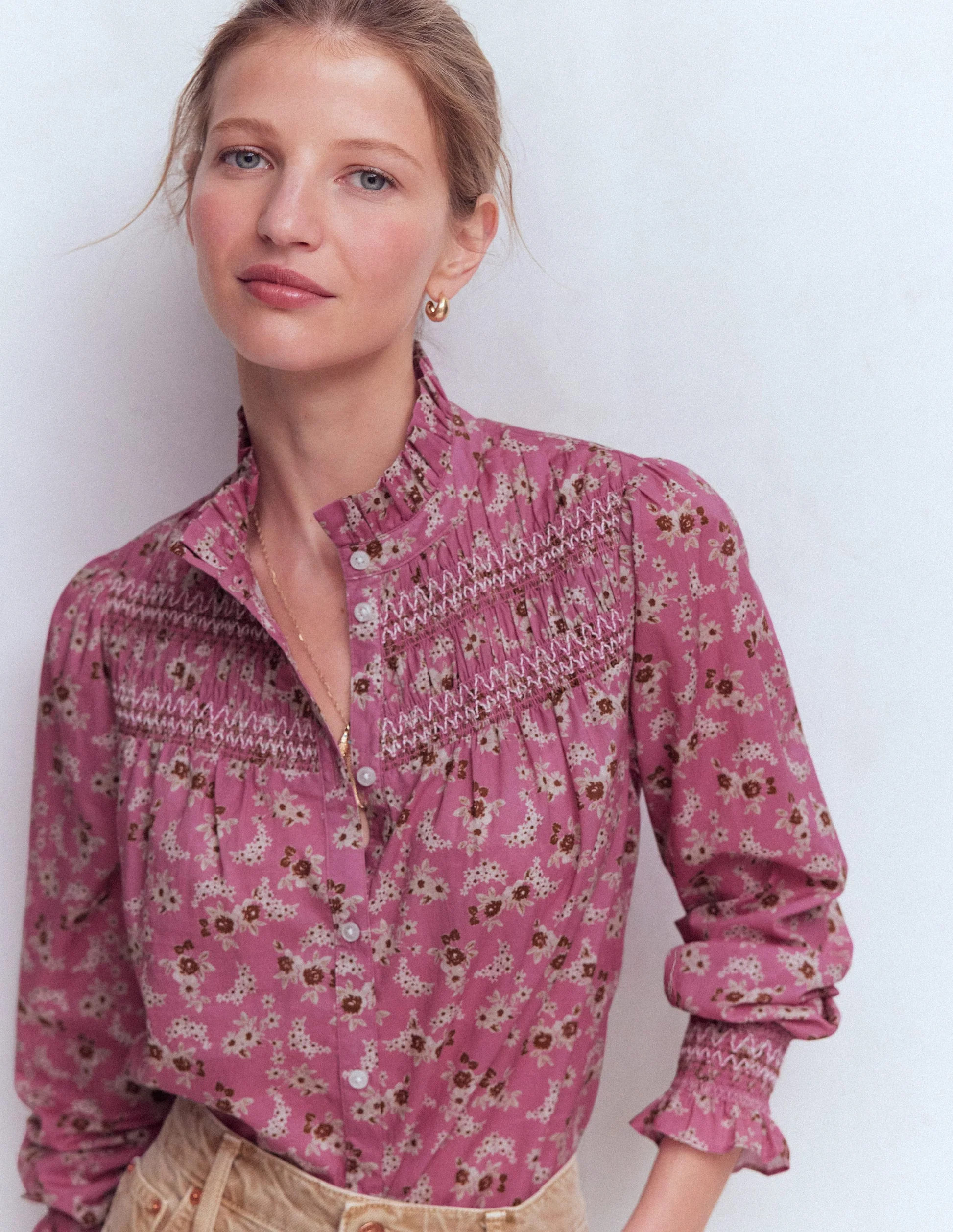 Esme Gesmoktes Oberteil mit Rüschen-Rosa, Kleine Blüten | Boden DE