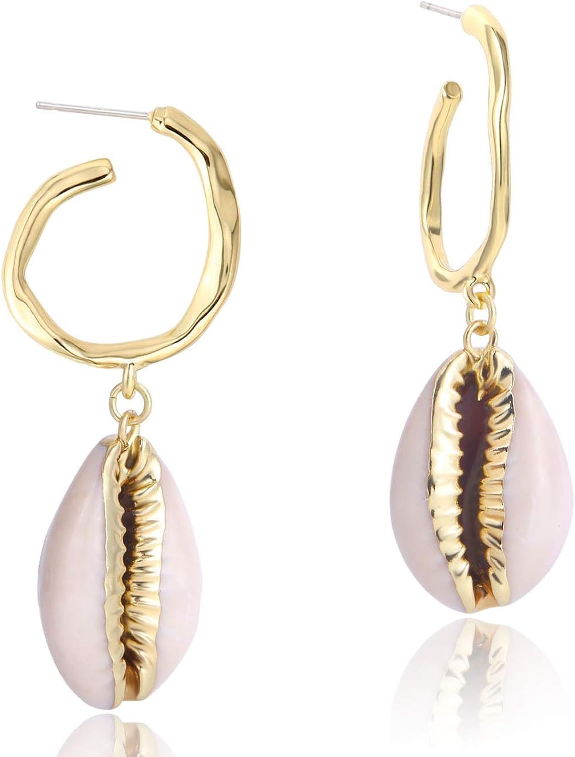925 Sterling Silver Post Natural Cowrie Shell Earrings Conch Seashell Drop Dangle 14K Gold Plated | Amazon (US)
