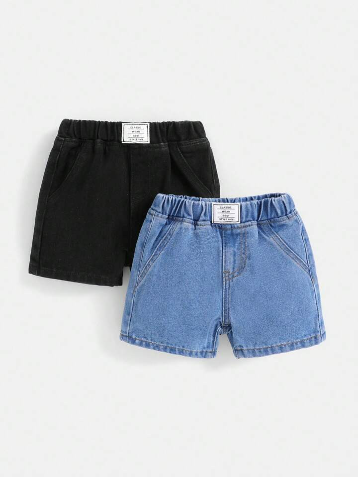 SHEIN 2pcs/Set Baby Boys' Spring & Summer Boho Casual Letter Patched Pocket Elastic Waist Soft De... | SHEIN