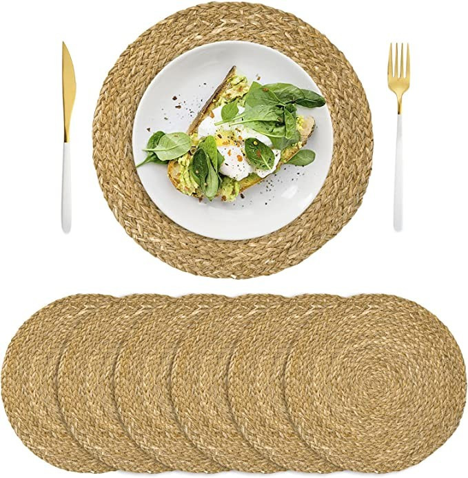 Amazon.com: Set of 6, Round Woven Placemats, Natural Braided Straw Table Mats, Weave Aquatic Plac... | Amazon (US)