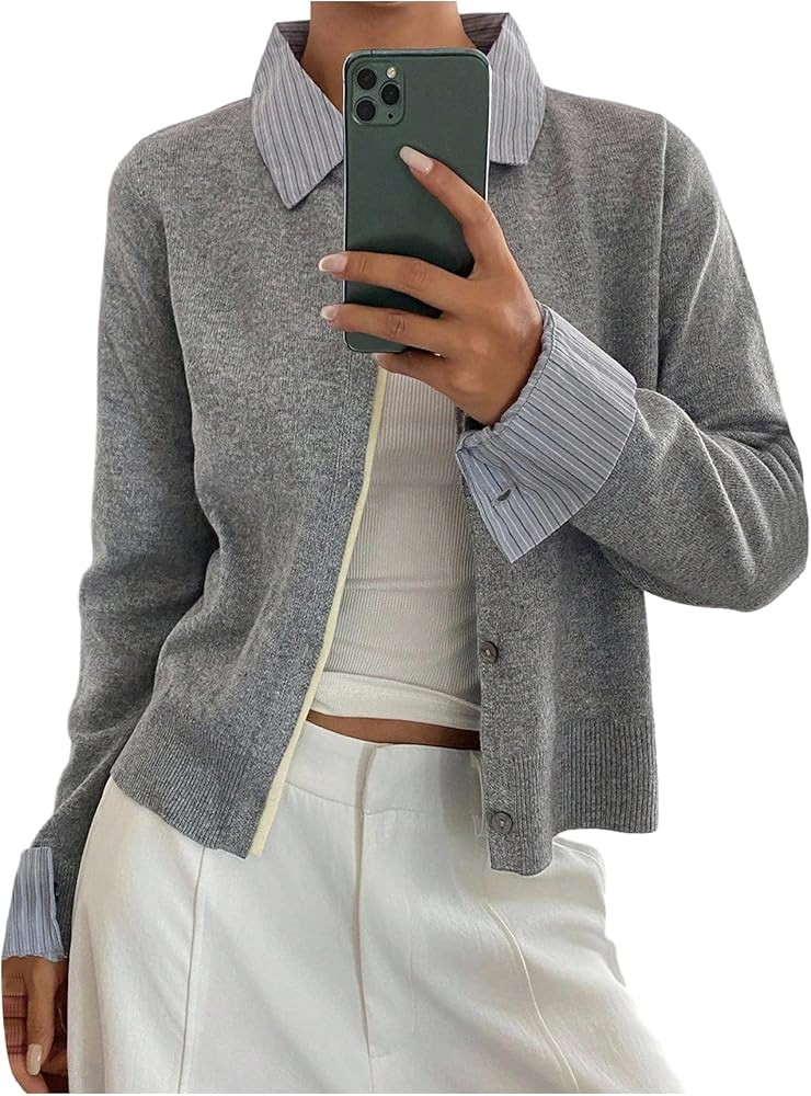 WDIRARA Women's Striped Button Up Cardigan Sweaters Long Sleeve Collared 2 in1 Knit Outerwear | Amazon (US)