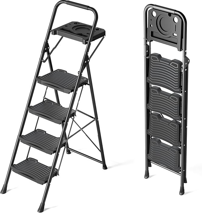 KINGRACK 4 Step Ladder with Tool Platform, Sturdy Step Stool, Anti-Slip Wide Pedals, Handrail, Fo... | Amazon (US)