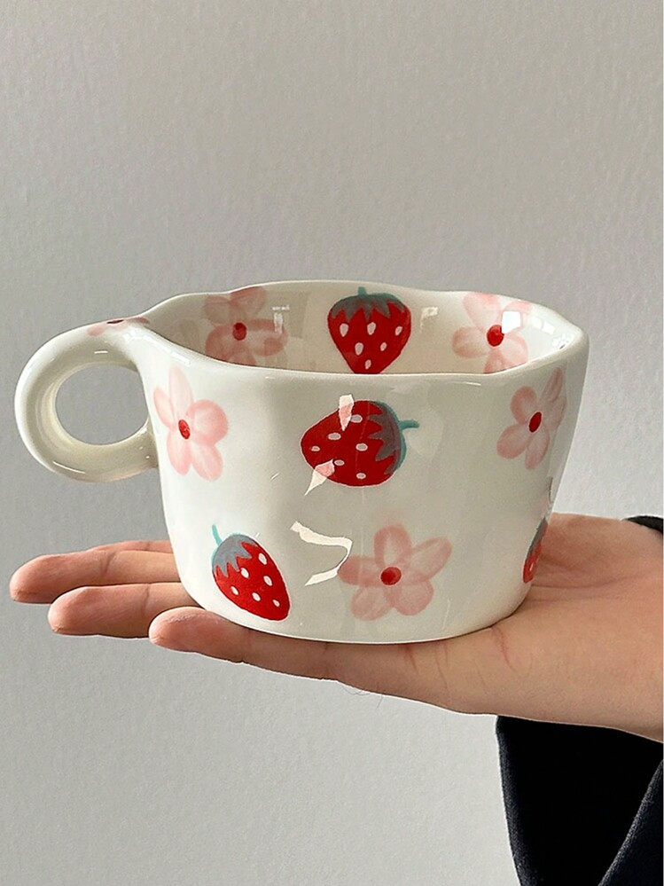 1pc Hand-Painted Strawberry Porcelain Coffee Cup, Ceramic Tea Cup With Creative Design, Classic Drinkware With Handle, Suitable For Hot Or Cold Beverages, Perfect For Summer And Winter Dining, Christmas, Wedding, Birthday, Valentine's Day Gifts | SHEIN