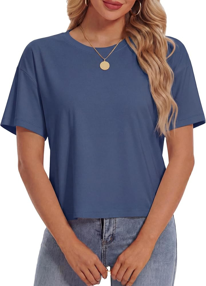 YUCOLEN Women's Crop Tops Summer Short Sleeve Cotton UPF 50+ Round Neck Casual Loose Cropped T-Sh... | Amazon (US)