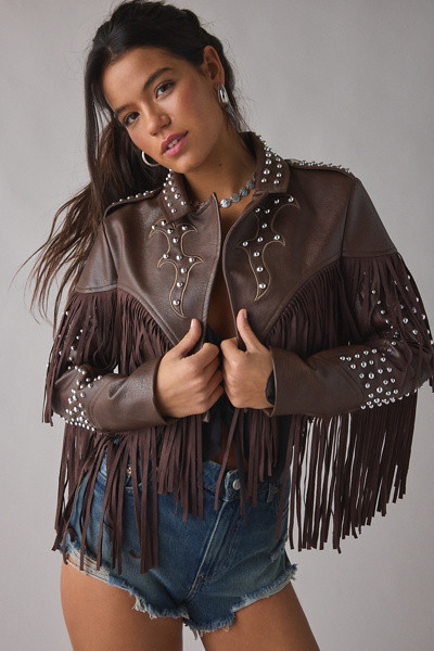 Azalea Wang Reece Studded Fringe Faux Leather Jacket | Urban Outfitters (US and RoW)