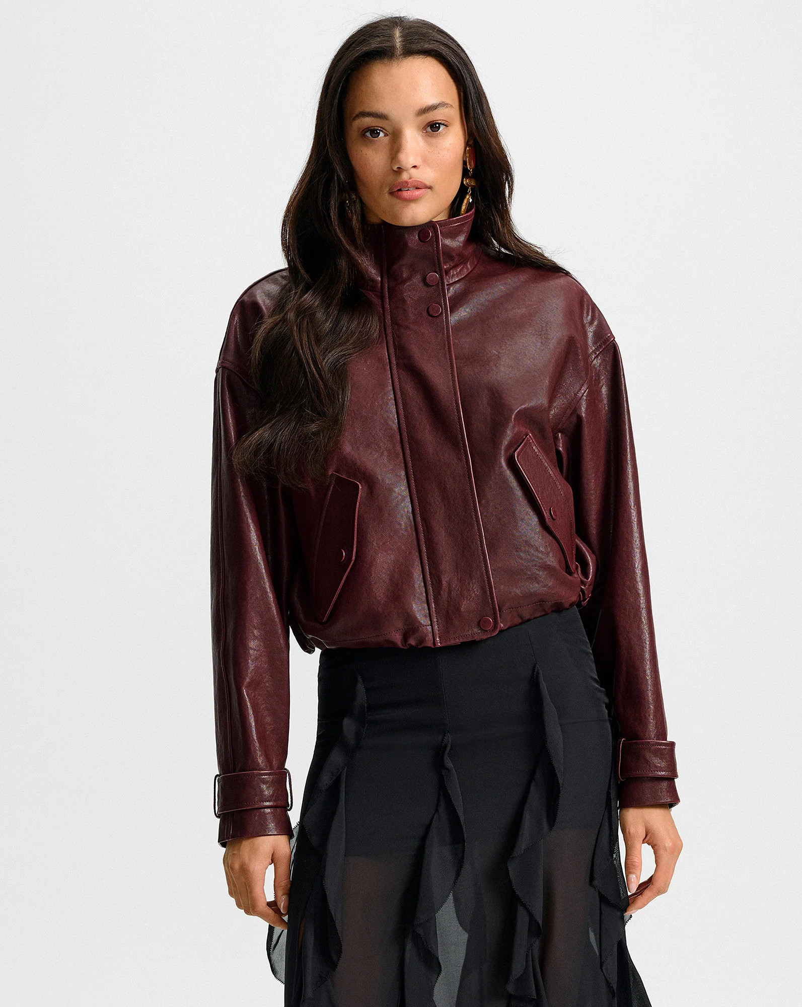 Veronica Beard Bateman Cropped Leather Jacket Raisin | Veronica Beard
