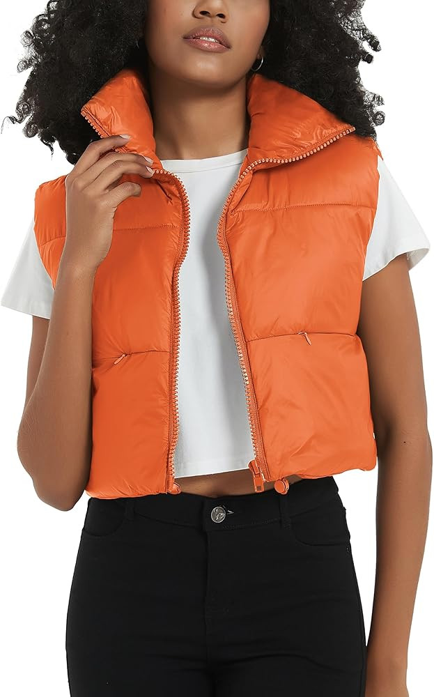 Kissonic Women's Padded Down Vest Puffer Stand Collar Zip Up Crop Sleeveless Jacket | Amazon (US)