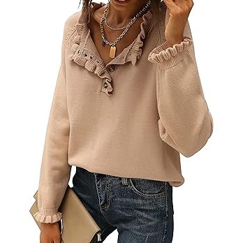 BTFBM Women's Sweaters Casual Long Sleeve Button Down Crew Neck Ruffle Knit Pullover Sweater Tops... | Amazon (US)