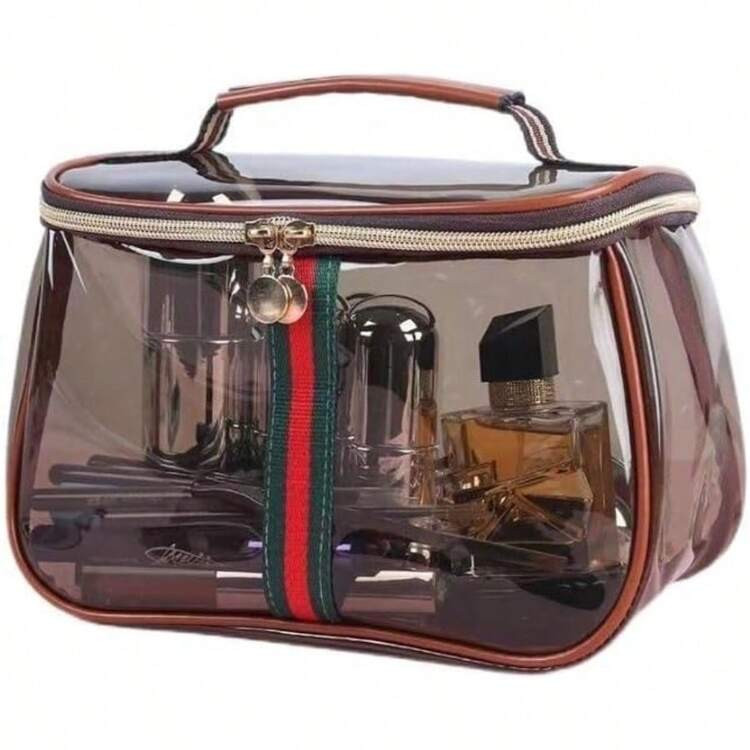 TYUI New Retro Vintage Vanity Bag Clear Makeup Organizer With Handle Large Capacity Waterproof Makeup Organizer Bag With Zipper Travel Cosmetic And Skincare Storage Case For Ladies Coffee | SHEIN