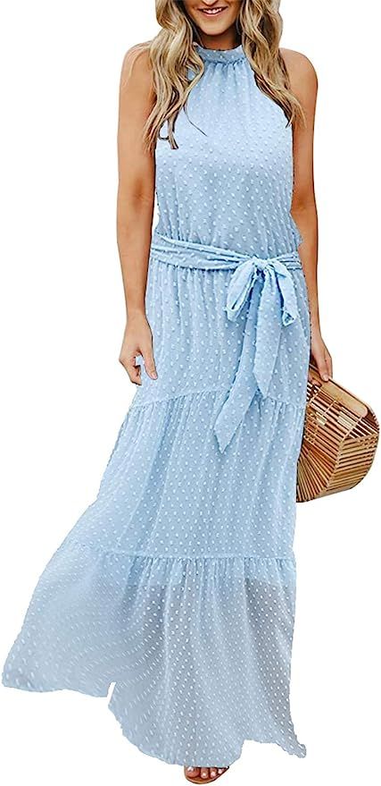 PRETTYGARDEN Women’s Casual Halter Neck Sleeveless Floral Long Maxi Dress Backless Loose Ruffle... | Amazon (US)