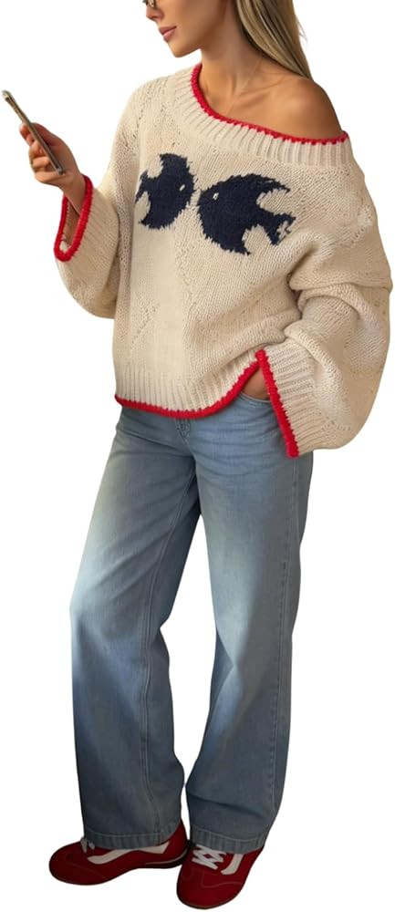 Verdusa Women's Oversized Off The Shoulder Sweater Animal Print Fall Argyle Knit Pullover Tops Wi... | Amazon (US)