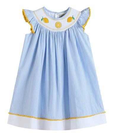 Lil Cactus Light Blue Stripe Lemons Smocked Angel-Sleeve Dress - Infant, Toddler & Girls | Zulily