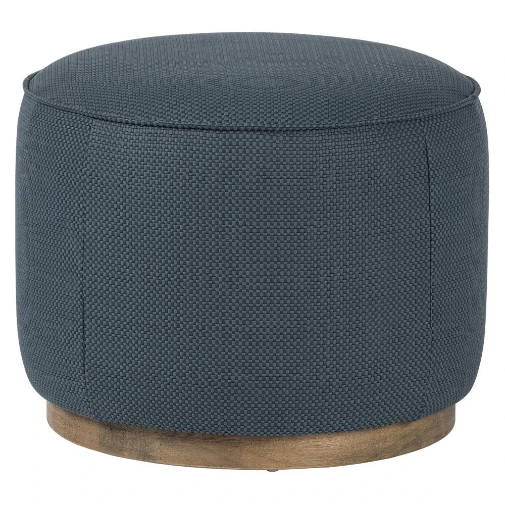 Leah Modern Classic Blue Faux Leather Brown Wood Round Ottoman - 22" | Kathy Kuo Home