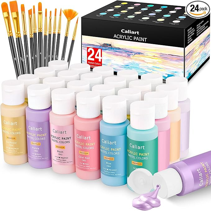 Caliart Pastel Acrylic Paint Set with 12 Brushes, 24 Pastel Colors (59ml, 2oz) Art Craft Paint fo... | Amazon (US)