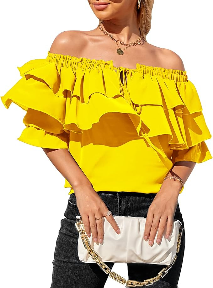Byinns Women's Off Shoulder Ruffle Long Sleeve Blouses Casual Layered Tops | Amazon (US)