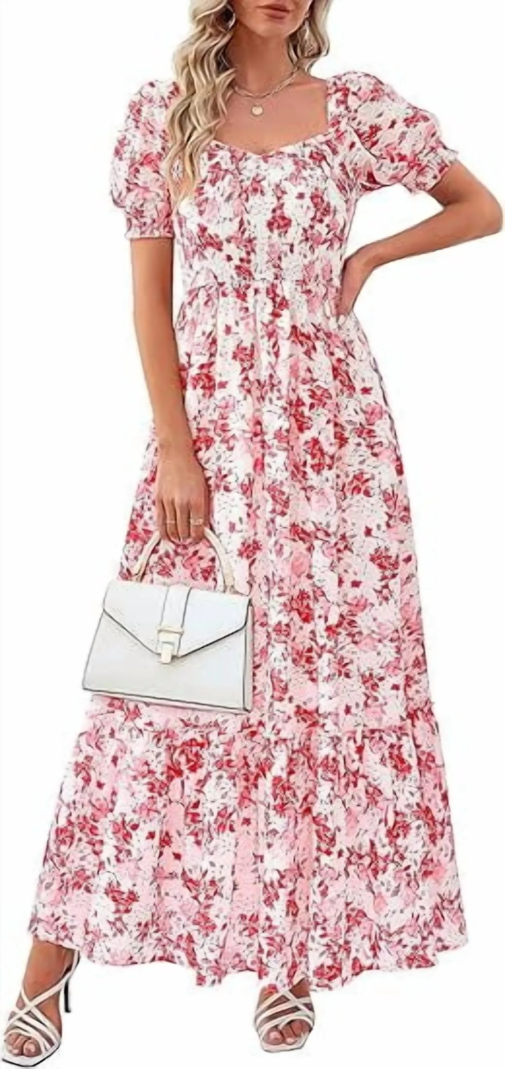 PRETTYGARDEN Women's Floral Boho Maxi Dresses Flowy Short Sleeve A Line Smocked Eyelet Summer Bea... | Walmart (US)