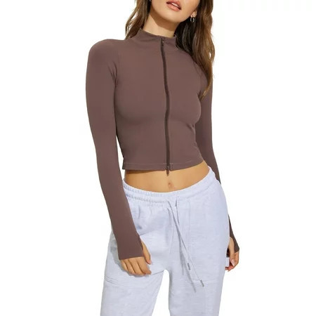 Ladies Long Sleeve Stand Collar Zip Up Yoga T-Shirt for Workout | Walmart (US)