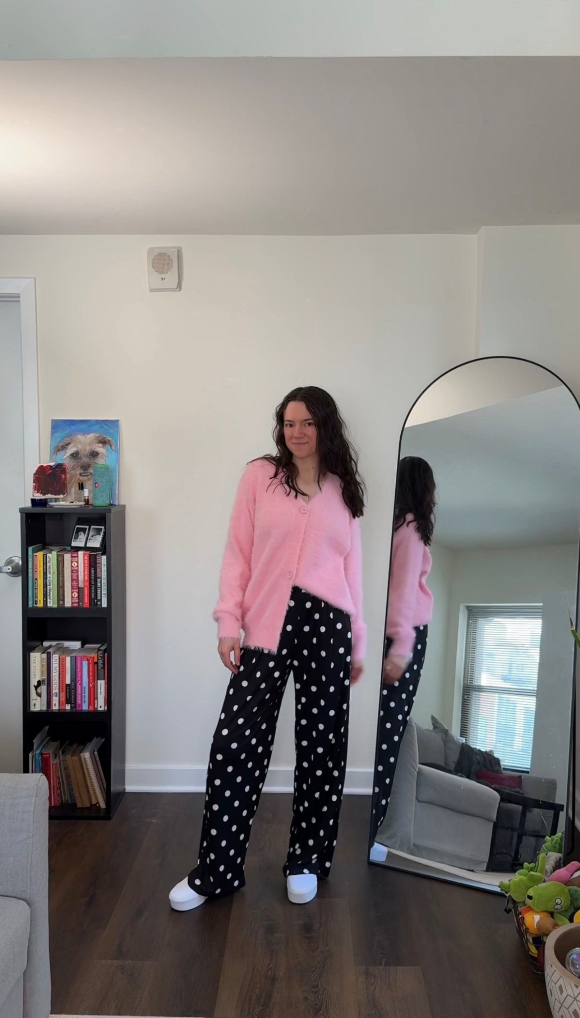 Level up your spring street style with this soft girl aesthetic look. Featuring a pastel pink oversized cardigan paired with black and white polka dot trousers, this outfit is the perfect blend of cozy and chic. Complete with white platform sneakers for a modern, elevated touch. Perfect for a brunch date or a casual office day.

#SpringFashion2026 #PolkaDots #PinkCardigan #CoquetteAesthetic #WideLegPants #PlatformSneakers

#LTKPetite #LTKootd