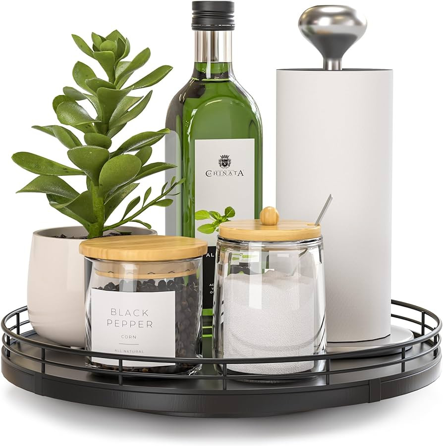 10" Oak Wood Lazy Susan Turntable Organizer, Lazy Susan for Cabinet Dining Table Pantry Kitchen Countertop Spice Bathroom Vanity Tray for Counter Dresser Sink Soap Holder Coffee Table Bar Decor Black | Amazon (US)