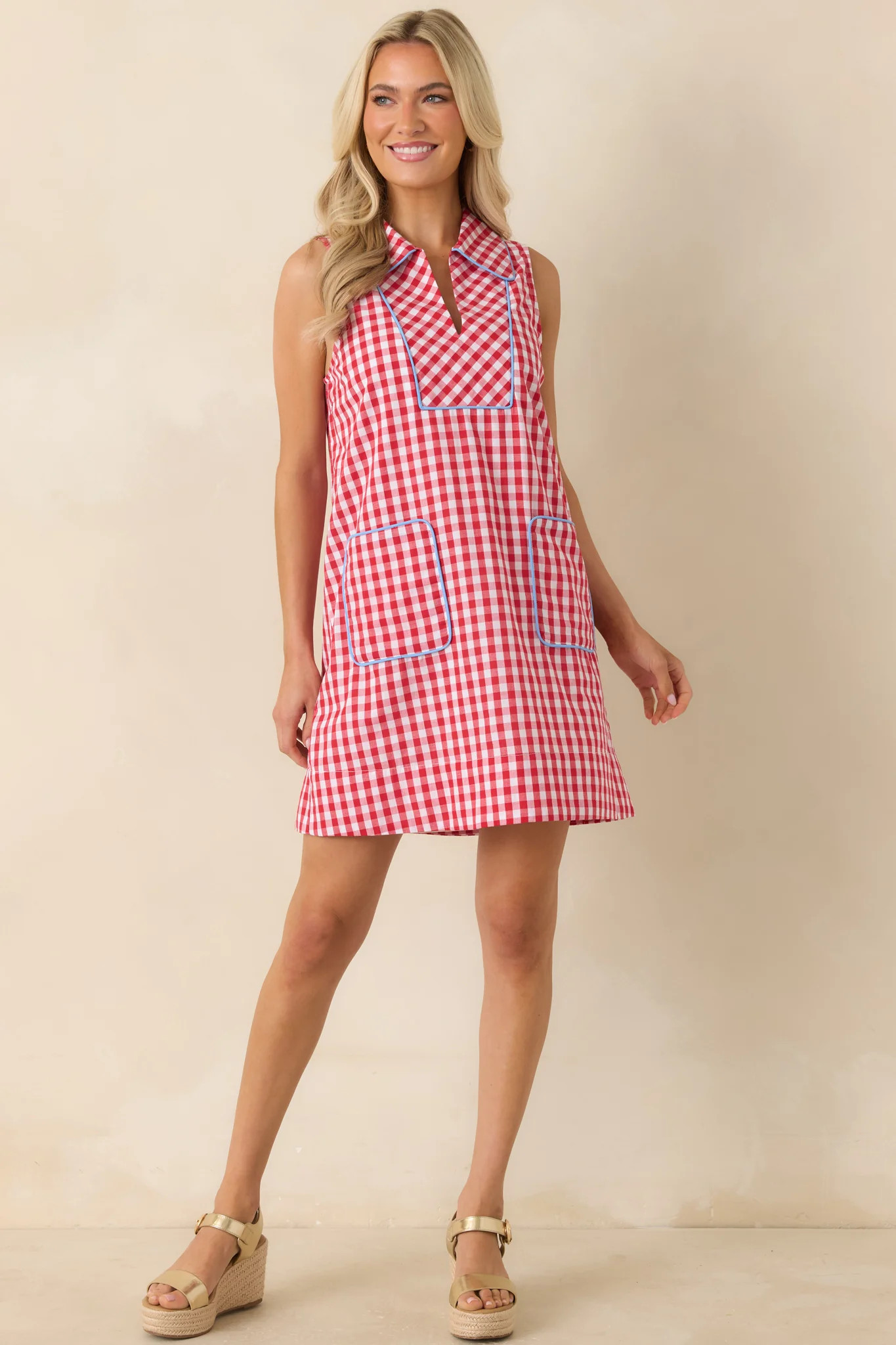 Summer Side Dish Red Gingham Cotton Mini Shift Dress | Red Dress