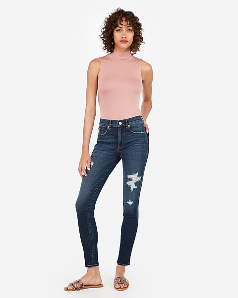 high waisted dark wash ripped jean leggings | Express