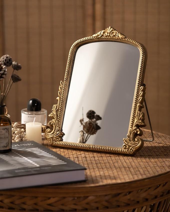 Vintage Vanity Makeup Desk Mirror，Antique Traditional Chic Arch Table Mirror Gold，Decor Wood ... | Amazon (US)