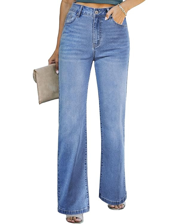 Sidefeel Women's Wide Leg Jeans Casual High Waisted Straight Stretch Denim Pants with Pockets | Amazon (US)