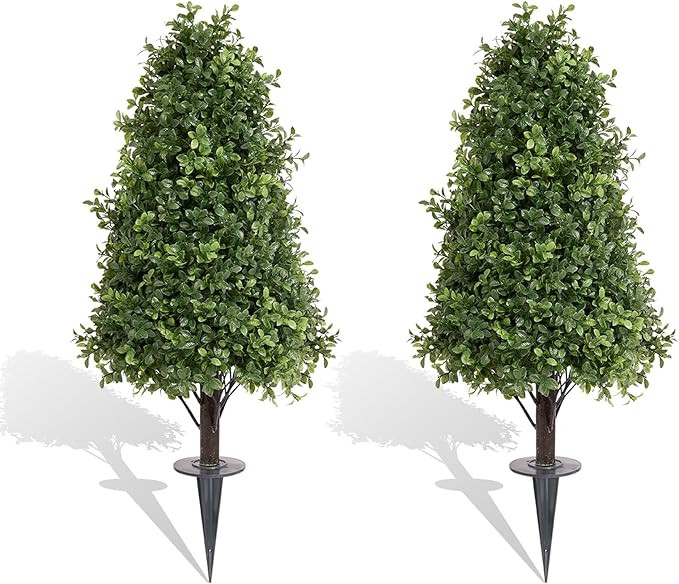 36in Artificial Boxwood Topiary Cone Trees, Outdoor Faux Plants with Ground Spike, UV Resistant F... | Amazon (US)