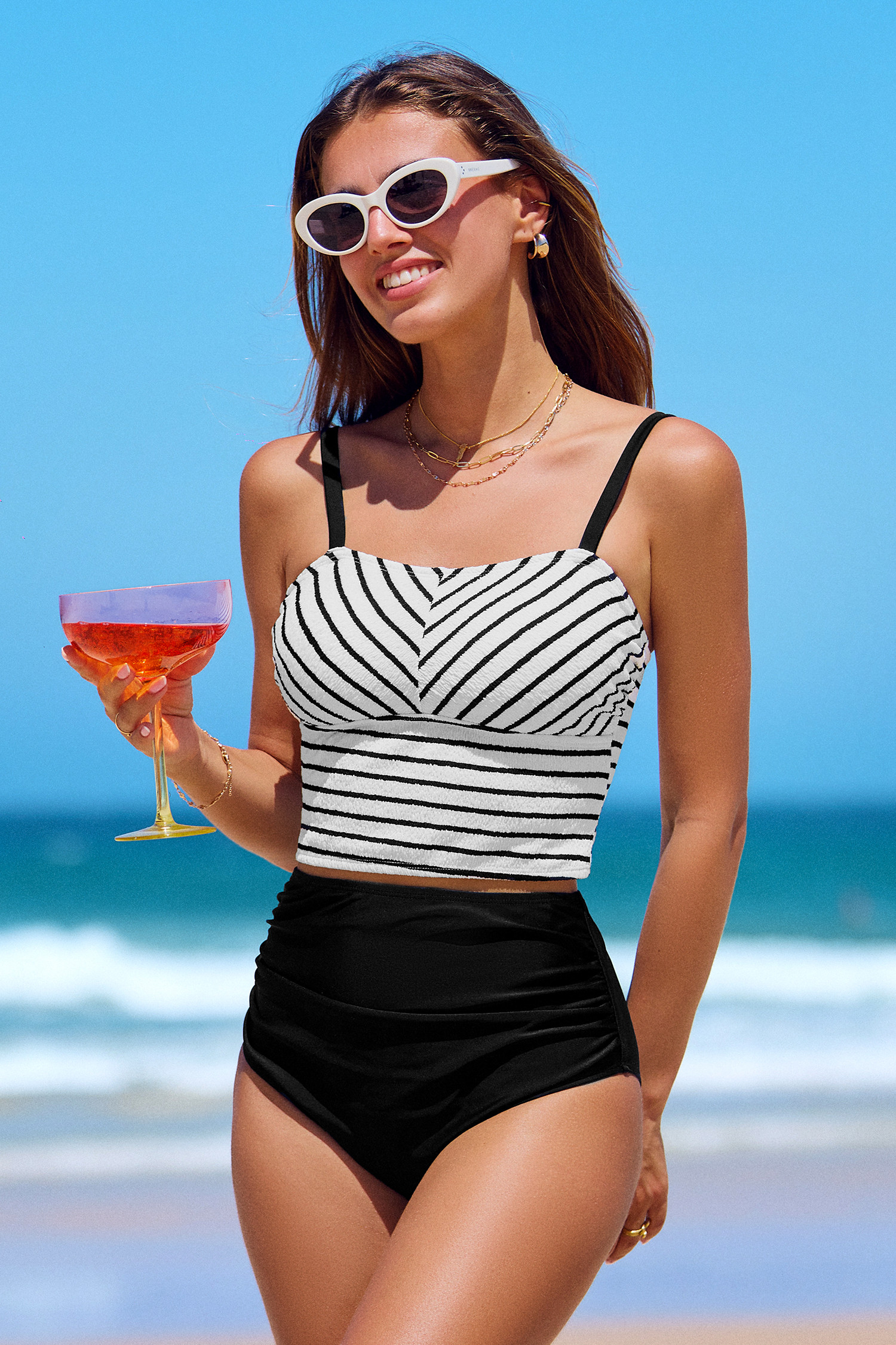 Striped Square Neck Tankini Top & High-Waisted Bottoms Set | Cupshe US