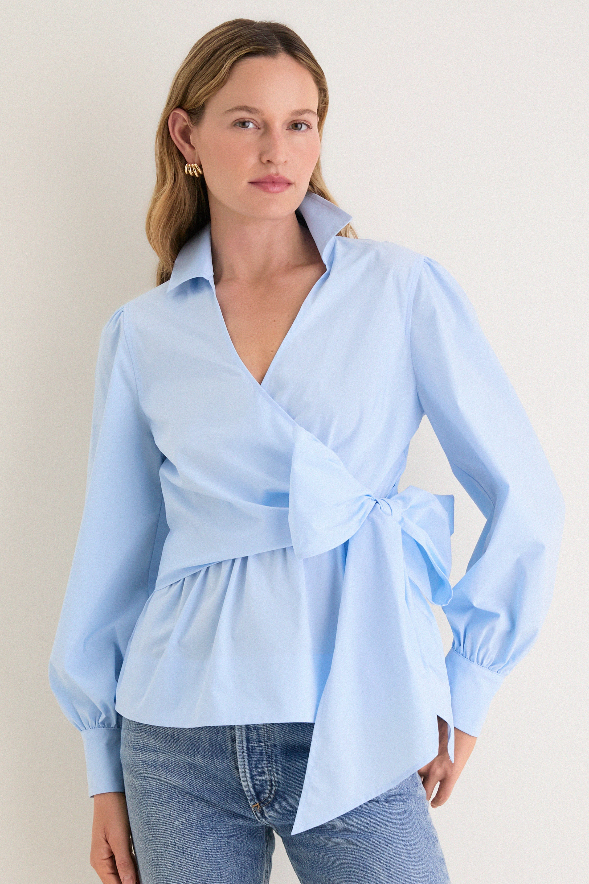 French Blue Tie Front Bow Bea Blouse | Tuckernuck (US)