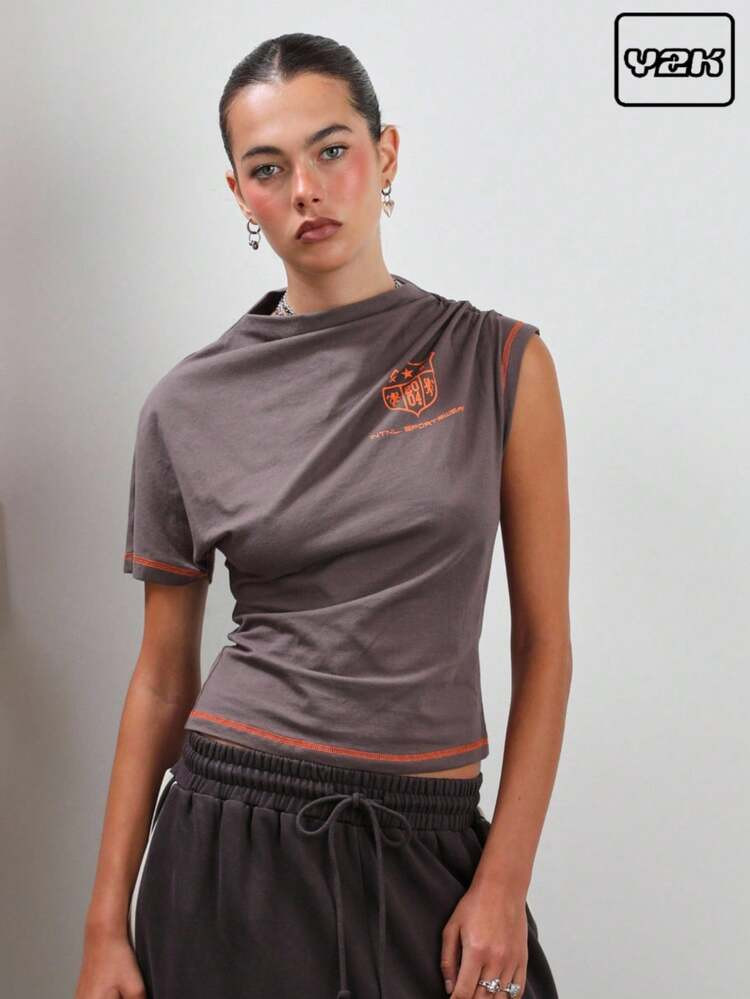 COUREZ Drapped Asymmetric T-Shirt With Front Collegiate Graphic /Y2K Going Out Spring Going Out T... | SHEIN