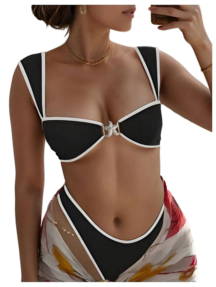 WDIRARA Women's 2 Piece Metal Starfish Brazilian Thong Bathing Suit Cheeky Bikini Set Swimsuit | Amazon (US)