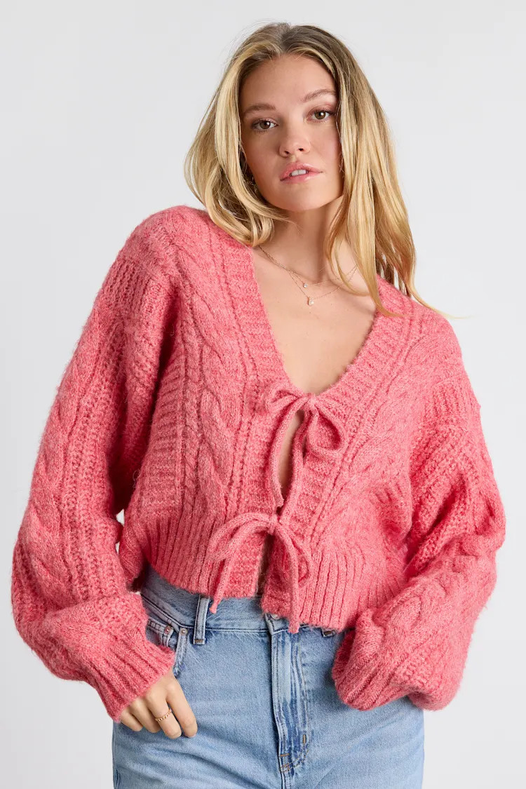 Khailyn Coral Pink Cable Knit Tie-Front Cardigan Sweater | Lulus