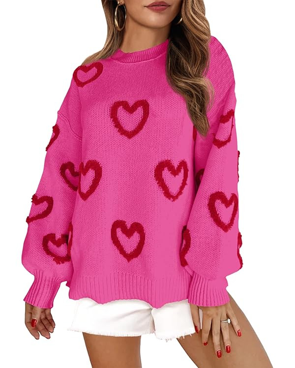 Saodimallsu Womens Heart Sweater Valentines Oversized Cute Winter Chunky Knit Crew Neck Side Slit... | Amazon (US)