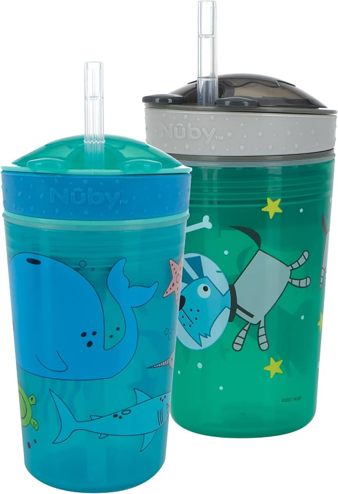 NUBY All in One Snack Bowl and No Spill Soft Straw Cup - 2 Pack Aqua Ocean Animals & Green Puppy ... | Amazon (US)