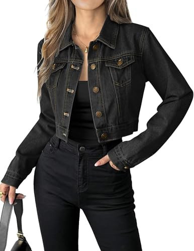 Grabsa Women's Black Jean Jacket Button Down Long Sleeve Cropped Casual Denim Jacket for Spring Fall | Amazon (US)