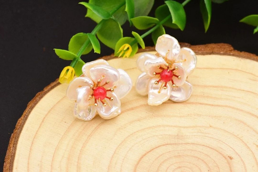 Handmade Natural Baroque Pearl Earring 3D Flower Stud - Etsy | Etsy (US)