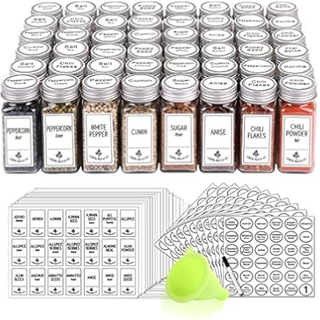 AOZITA 48 Pcs Glass Spice Jars with White Printed Spice Labels - 4oz Empty Square Spice Bottles - Sh | Amazon (US)