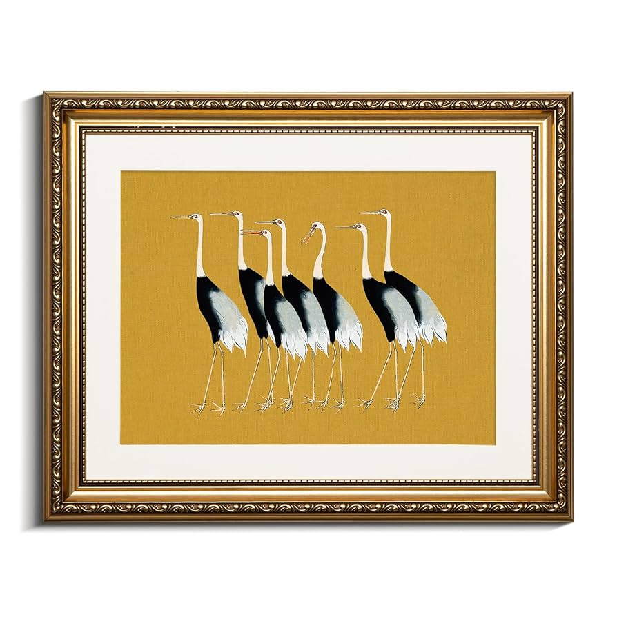 VIYYIEA Gold Framed Wall Art Canvas Print Home Decor, Vintage Cranes Wall Art for Living Room, Vi... | Amazon (US)