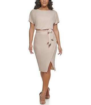 Kensie Stretch Shimmer Short Sleeve Boat Neck Tie Waist Blouson Wrap Dress | Dillard's | Dillard's