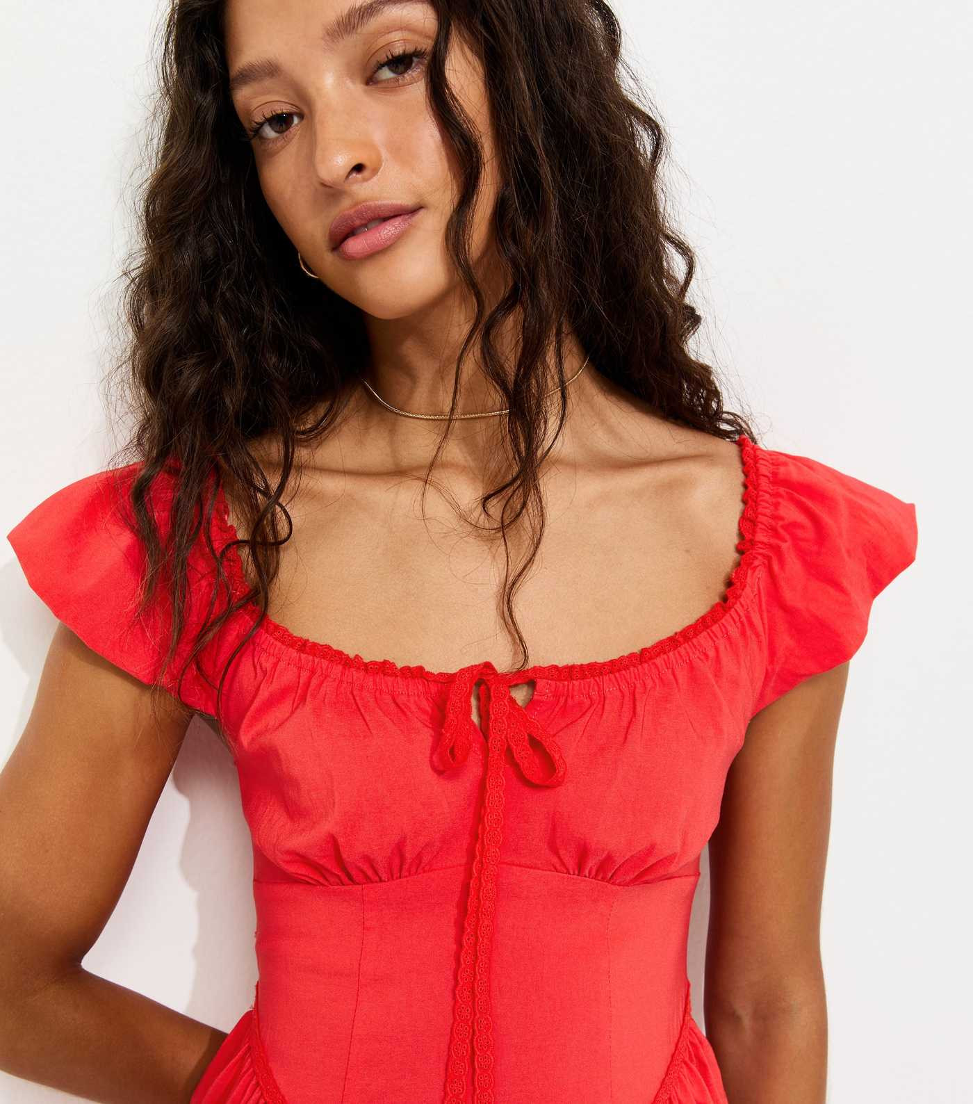 Dark Coral Lace Trim Milkmaid Midi Dress | New Look | New Look (UK)