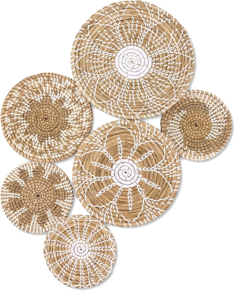 Boho Wall Basket Decor Set of 6 - Hanging Woven Basket Wall Decor, Handcrafted Round Flat Seagras... | Amazon (US)