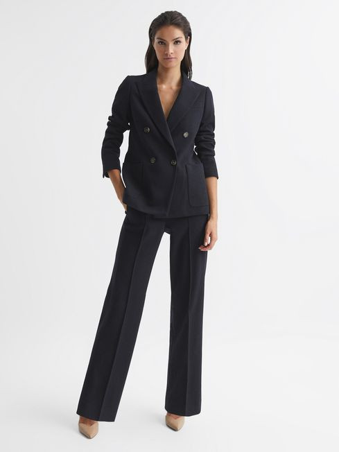 Reiss Navy Iria Regular Wool Blend Wide Leg Trousers | Reiss UK