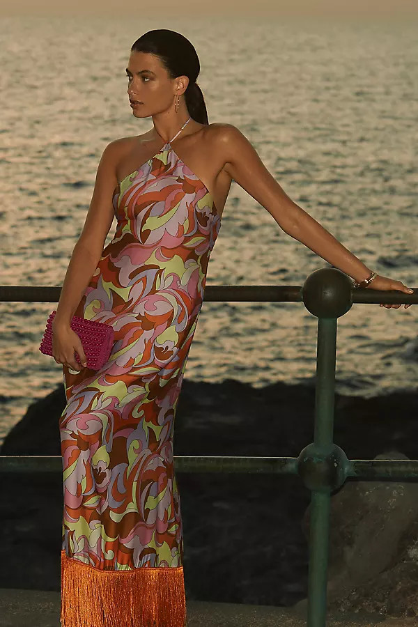 Delfi Collective Halter Fringe Dress By Delfi Collective in Brown Size S | Anthropologie (US)