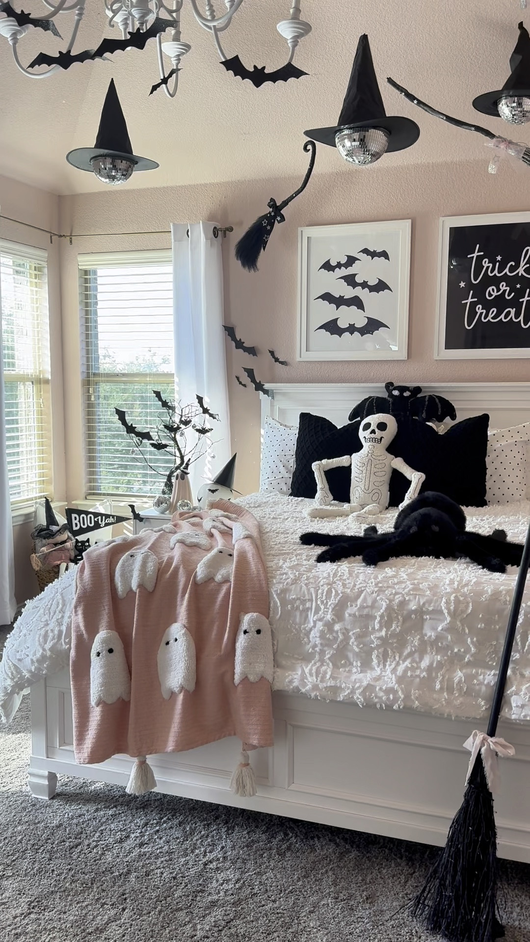 Loving how this years room turned out! The pink ghost blanket maybe out of stock now — it comes in and out of stock it seems. pink halloween bedroom inspo 
Disco Halloween - halloween home - halloween decor- halloween kids room - witch broom - witch hat - halloween wall art 

#LTKVideo #LTKHome #LTKSeasonal