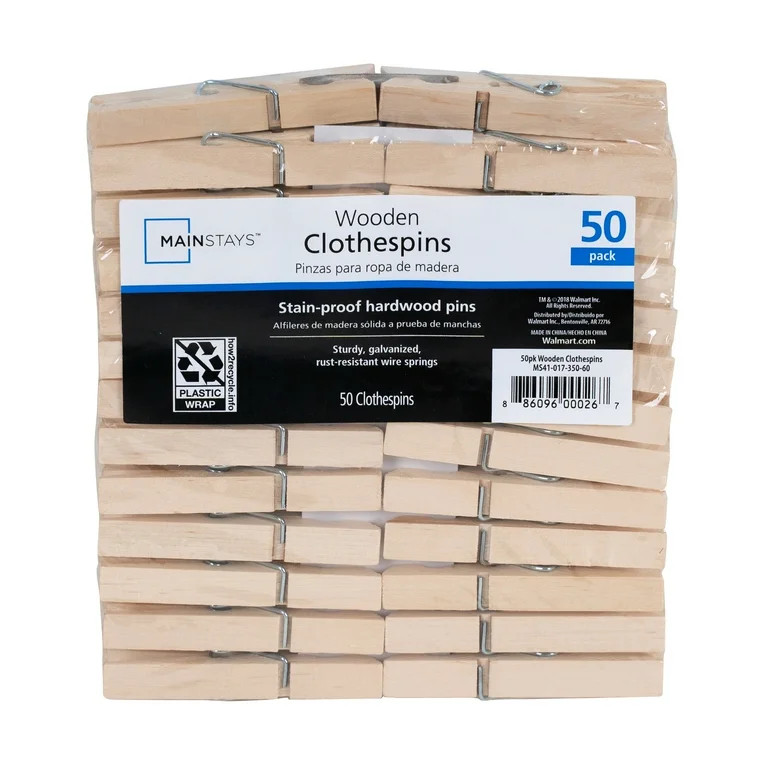 Mainstays 50-Count Wooden Moisture-Resistant Clothespins, Natural Finish | Walmart (US)