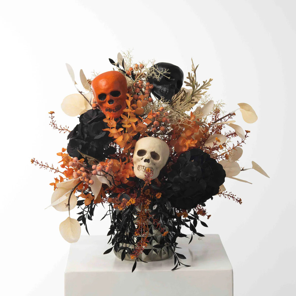 Haunted Halloween Chic Skull Décor with Orange Eucalyptus, Black Hydrangea & Orange Berry Fall A... | Darby Creek Trading