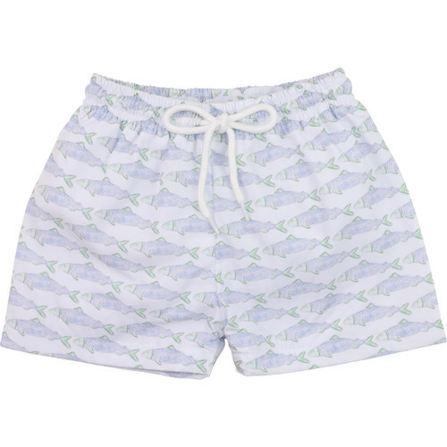 Green And Blue Trout Print Swim Trunks | Cecil and Lou