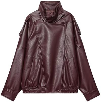 FindThy Women’s Oversized Faux Leather Jacket Casual High Collar Long Sleeve Zip Up Fall Fashio... | Amazon (US)