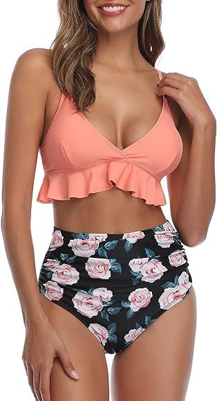 Women Two Pieces High Waisted Ruffle Bikini Set V Neck Printed Swimwear | Amazon (US)